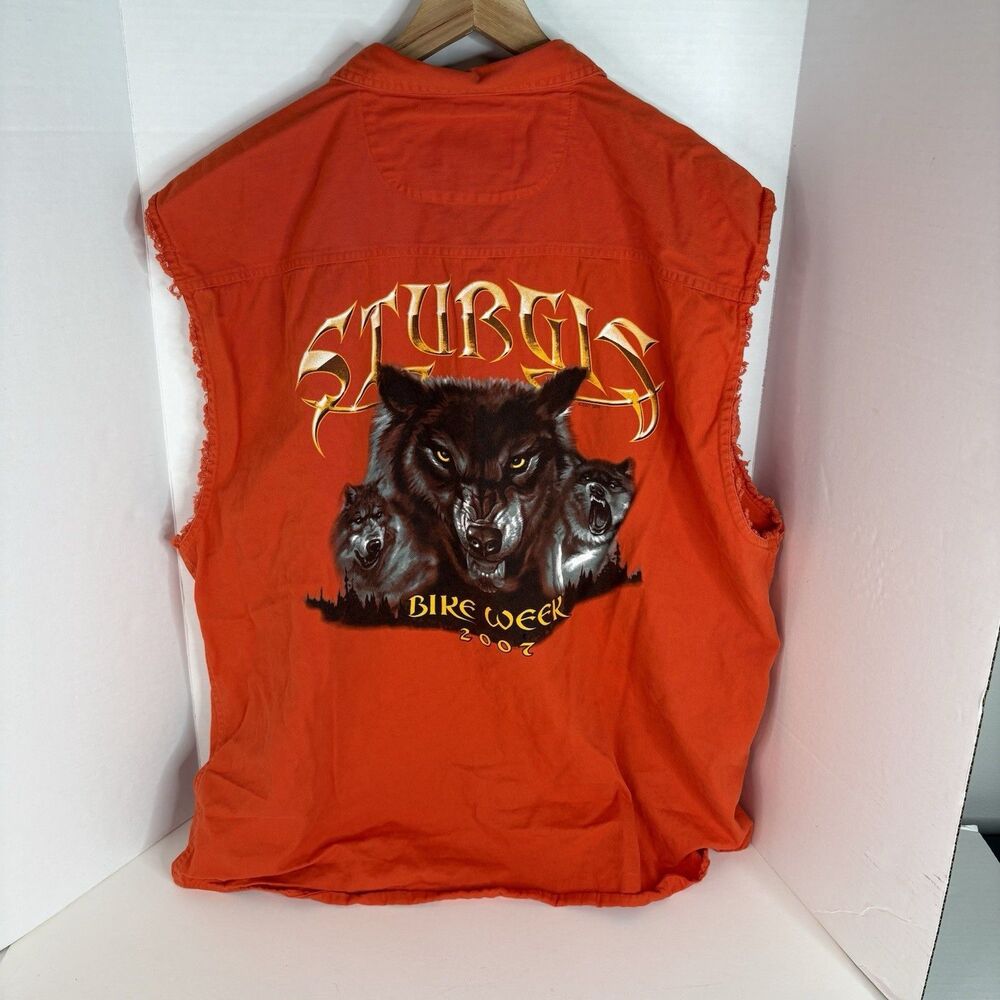 Vintage Sturgis Bike Week Vest, 4XL, Orange, V-Twin Motorcycle Apparel Wolves - Picture 2 of 7